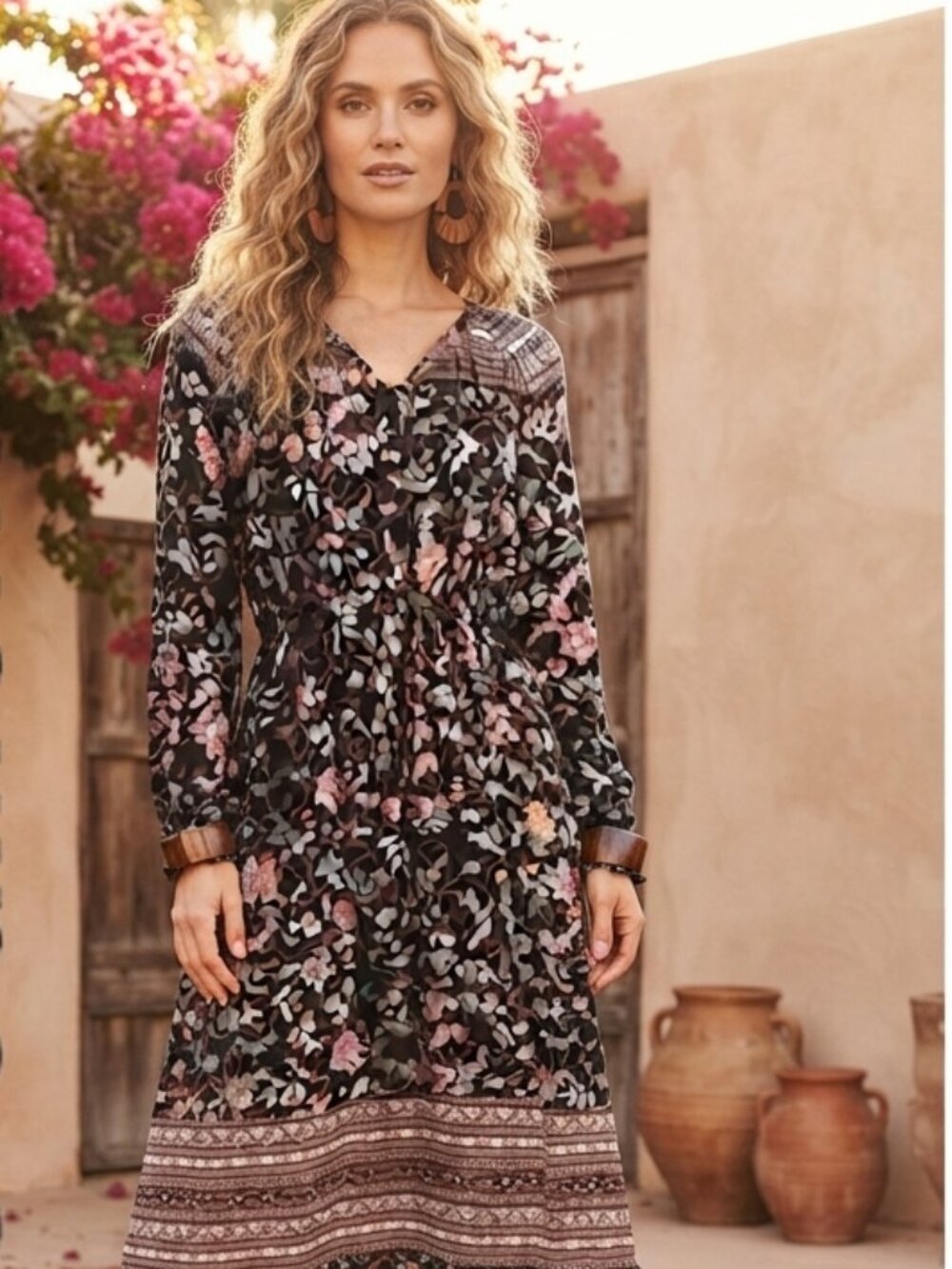 C&C California Womens Black Pink Floral Midi Dress Sz L Prairie Cottage Core